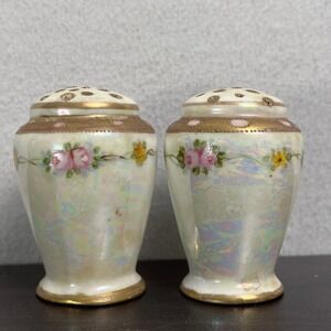Antique Nippon Lusterware Salt and Pepper Shakers Hand Painted Floral Gold 3in